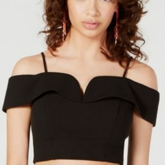 NWT B Darlin: Black Off-Shoulder Zip Back Crop Top - Picture 3 of 7